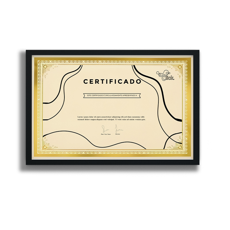 Certificado luxo com bordas douradas formato 21x29,7 cm em quadro 22x32 cm com vidro